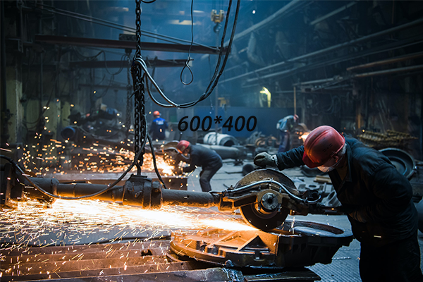 Welder used grinding stone on steel in factory with sparks